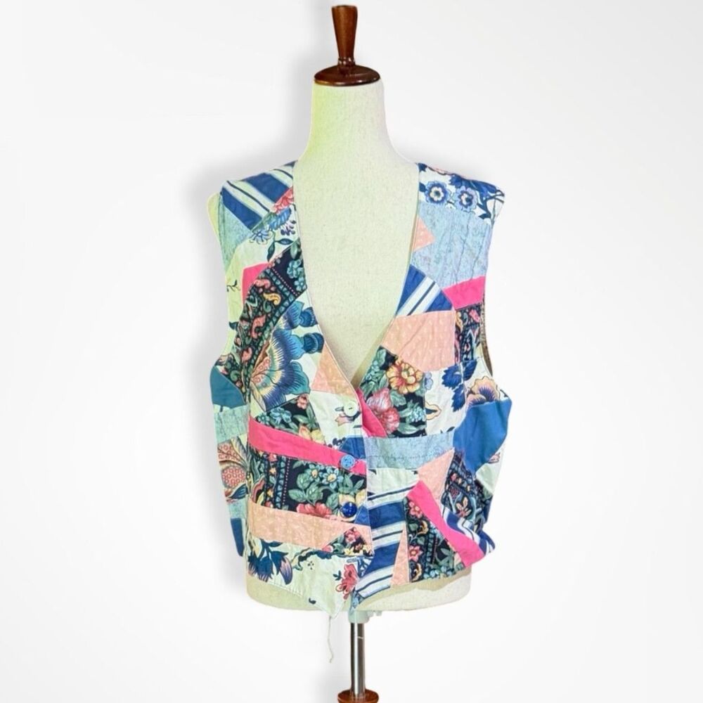 Handmade, Blue Pink Patchwork Eclectic Vest, M Cottagecore Grandma